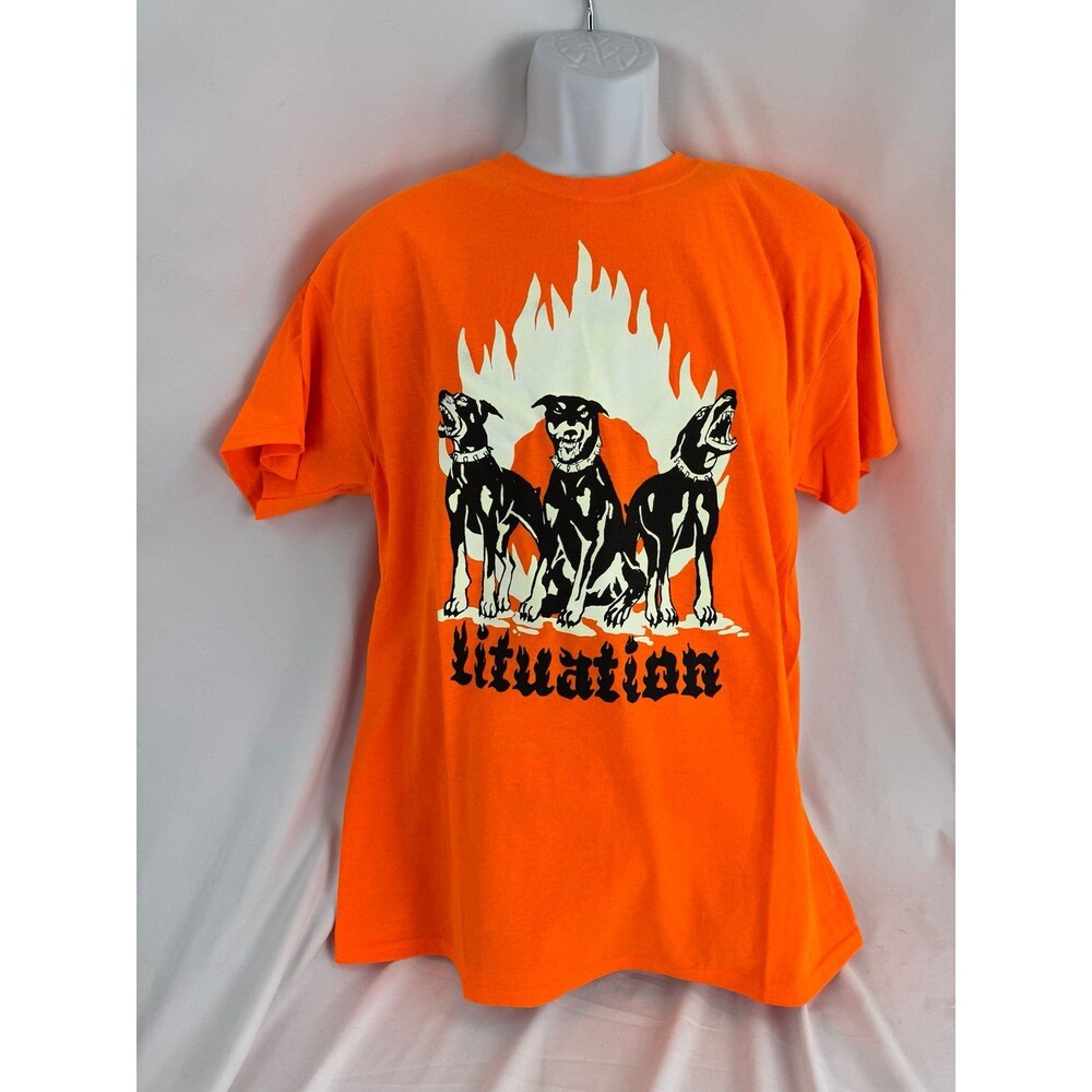 Orange Streetwear Graphic T-shirt Dobermans “Lituation” Mens Size L